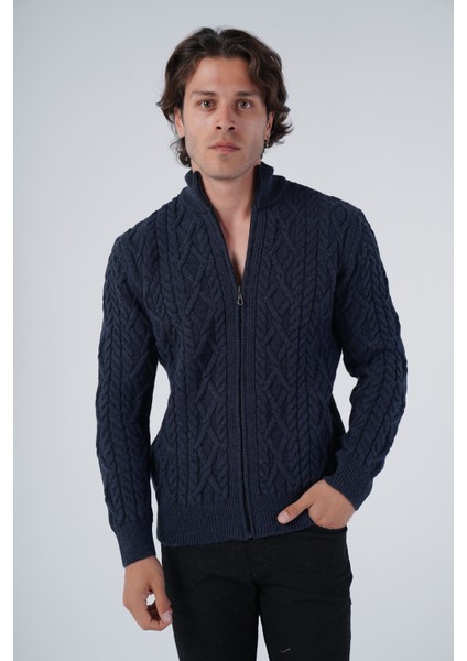 Erkek Lacivert Arka Fitilli Dik Yaka Fermuarlı Triko Yün Hırka TRIST-5299