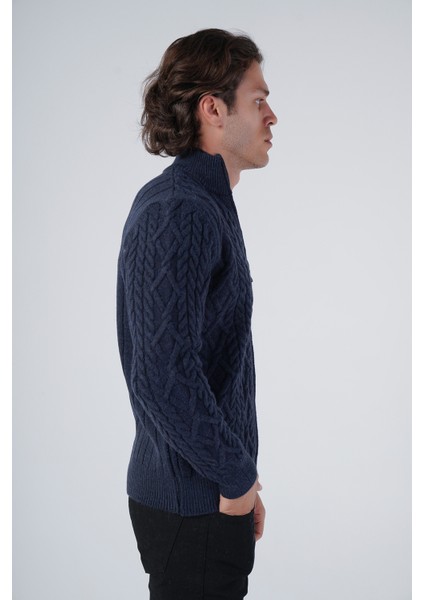 Erkek Lacivert Arka Fitilli Dik Yaka Fermuarlı Triko Yün Hırka TRIST-5299 fiyatları