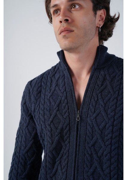 Erkek Lacivert Arka Fitilli Dik Yaka Fermuarlı Triko Yün Hırka TRIST-5299 indirimleri