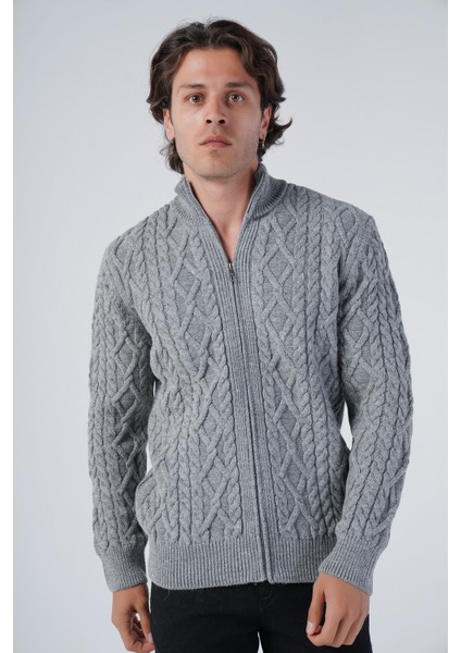 Erkek Gri Arka Fitilli Dik Yaka Fermuarlı Triko Yün Hırka TRIST-5299