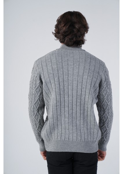 Erkek Gri Arka Fitilli Dik Yaka Fermuarlı Triko Yün Hırka TRIST-5299 modelleri