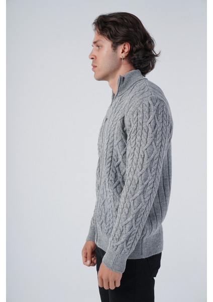 Erkek Gri Arka Fitilli Dik Yaka Fermuarlı Triko Yün Hırka TRIST-5299 fırsatları