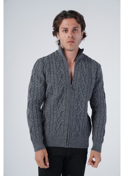 Erkek Antrasit Arka Fitilli Dik Yaka Fermuarlı Triko Yün Hırka TRIST-5299