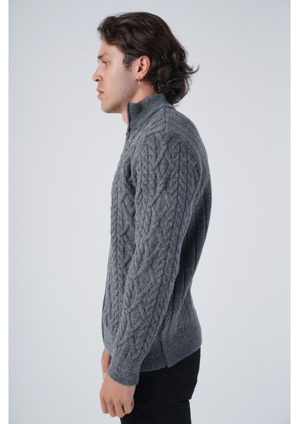 Erkek Antrasit Arka Fitilli Dik Yaka Fermuarlı Triko Yün Hırka TRIST-5299 fırsatları
