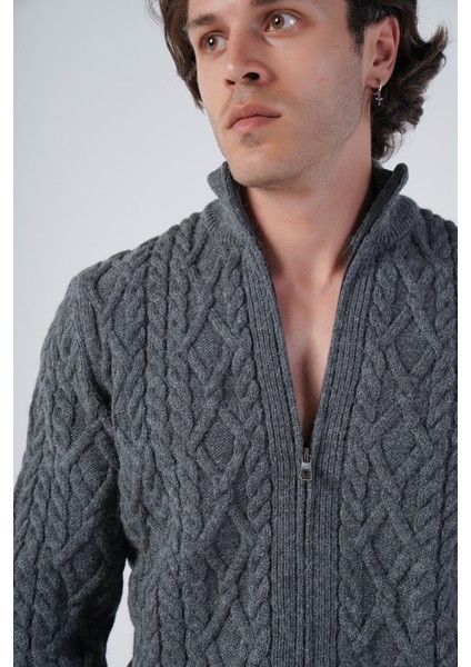 Erkek Antrasit Arka Fitilli Dik Yaka Fermuarlı Triko Yün Hırka TRIST-5299 indirimleri