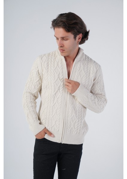 Erkek Bej Arka Fitilli Dik Yaka Fermuarlı Triko Yün Hırka TRIST-5299