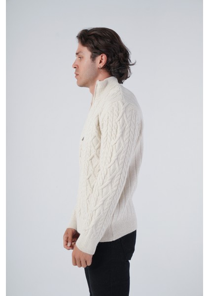 Erkek Bej Arka Fitilli Dik Yaka Fermuarlı Triko Yün Hırka TRIST-5299 fırsatları