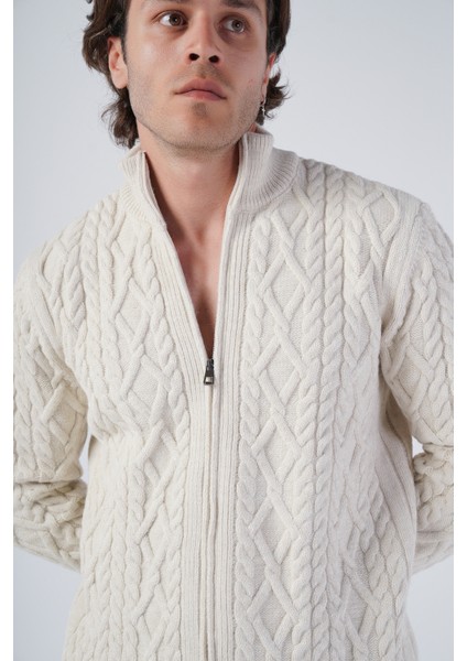 Erkek Bej Arka Fitilli Dik Yaka Fermuarlı Triko Yün Hırka TRIST-5299 indirimleri