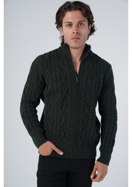 Erkek Haki Arka Fitilli Dik Yaka Fermuarlı Triko Yün Hırka TRIST-5299