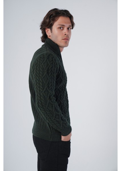 Erkek Haki Arka Fitilli Dik Yaka Fermuarlı Triko Yün Hırka TRIST-5299 fiyatları