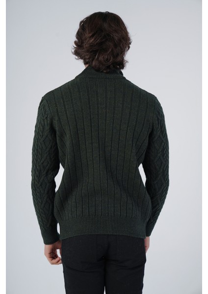 Erkek Haki Arka Fitilli Dik Yaka Fermuarlı Triko Yün Hırka TRIST-5299 modelleri