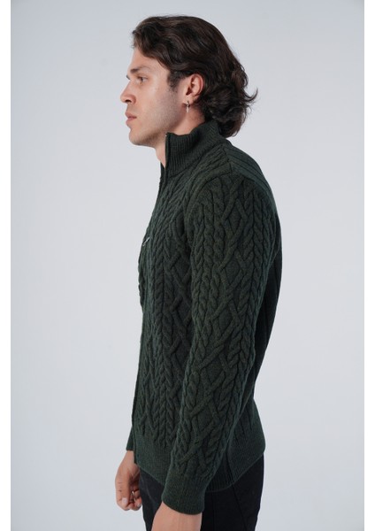 Erkek Haki Arka Fitilli Dik Yaka Fermuarlı Triko Yün Hırka TRIST-5299 fırsatları