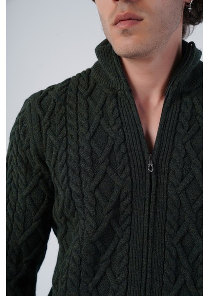 Erkek Haki Arka Fitilli Dik Yaka Fermuarlı Triko Yün Hırka TRIST-5299 indirimleri