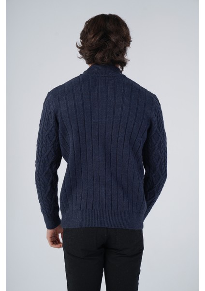 Erkek Lacivert Arka Fitilli Dik Yaka Fermuarlı Triko Yün Hırka TRIST-5299 modelleri