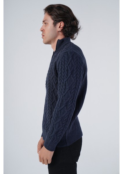 Erkek Lacivert Arka Fitilli Dik Yaka Fermuarlı Triko Yün Hırka TRIST-5299 fırsatları
