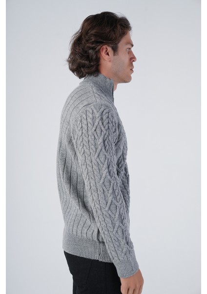 Erkek Gri Arka Fitilli Dik Yaka Fermuarlı Triko Yün Hırka TRIST-5299 fiyatları
