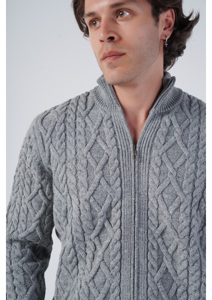 Erkek Gri Arka Fitilli Dik Yaka Fermuarlı Triko Yün Hırka TRIST-5299 indirimleri