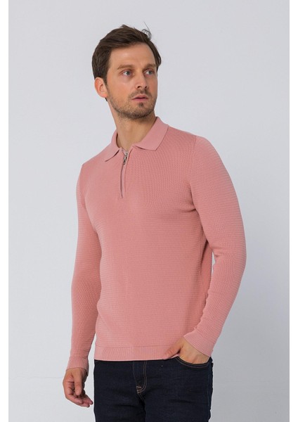 Erkek Regular Fit Düz Renk Polo Yaka Fermuarlı Uzun Kollu Triko Kazak
