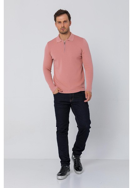Erkek Regular Fit Düz Renk Polo Yaka Fermuarlı Uzun Kollu Triko Kazak