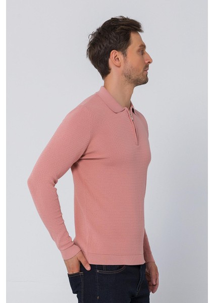Erkek Regular Fit Düz Renk Polo Yaka Fermuarlı Uzun Kollu Triko Kazak