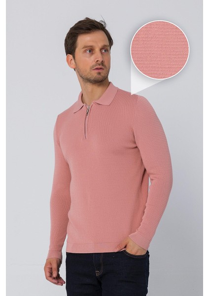 Erkek Regular Fit Düz Renk Polo Yaka Fermuarlı Uzun Kollu Triko Kazak