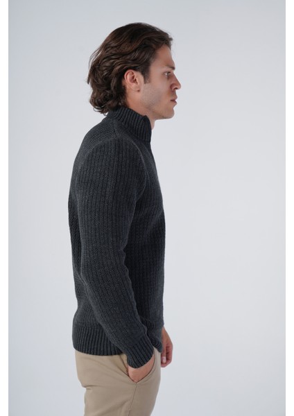 Erkek Antrasit Zikzak Yürütmeli Dik Yaka Kısa Fermuarlı Triko Yün Kazak TRIST-5301 fiyatları