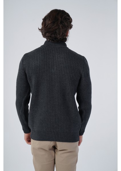 Erkek Antrasit Zikzak Yürütmeli Dik Yaka Kısa Fermuarlı Triko Yün Kazak TRIST-5301 modelleri