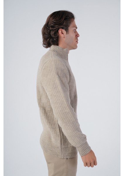 Erkek Vizon Zikzak Yürütmeli Dik Yaka Kısa Fermuarlı Triko Yün Kazak TRIST-5301 fiyatları