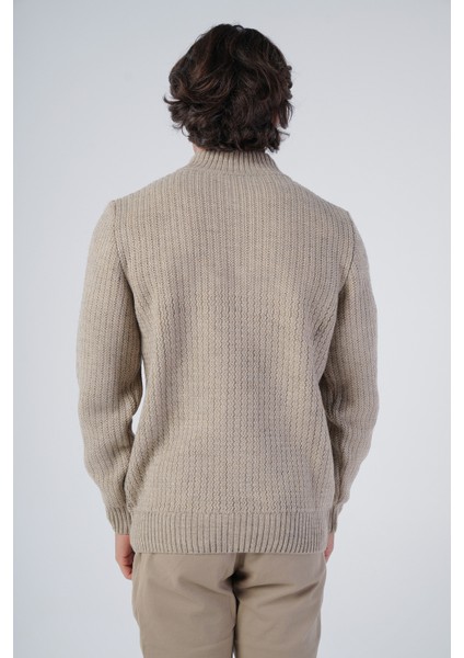 Erkek Vizon Zikzak Yürütmeli Dik Yaka Kısa Fermuarlı Triko Yün Kazak TRIST-5301 modelleri