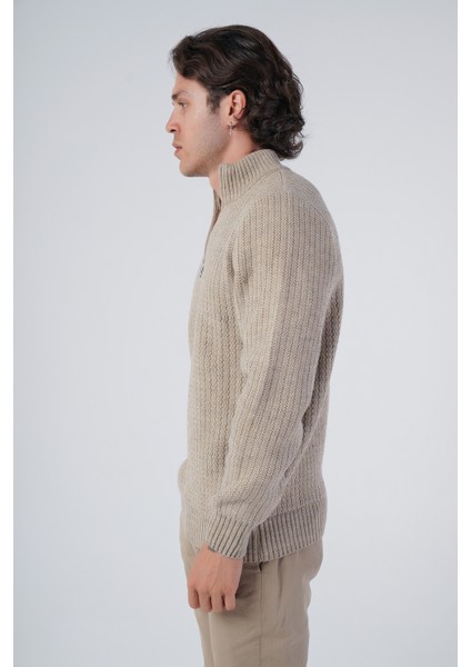 Erkek Vizon Zikzak Yürütmeli Dik Yaka Kısa Fermuarlı Triko Yün Kazak TRIST-5301 fırsatları