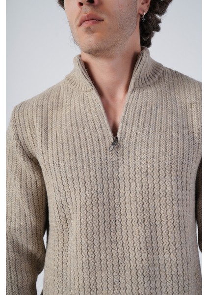 Erkek Vizon Zikzak Yürütmeli Dik Yaka Kısa Fermuarlı Triko Yün Kazak TRIST-5301 indirimleri