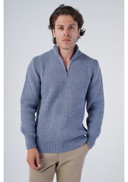 Erkek Havacı Zikzak Yürütmeli Dik Yaka Kısa Fermuarlı Triko Yün Kazak TRIST-5301