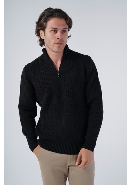 Erkek Siyah Zikzak Yürütmeli Dik Yaka Kısa Fermuarlı Triko Yün Kazak TRIST-5301