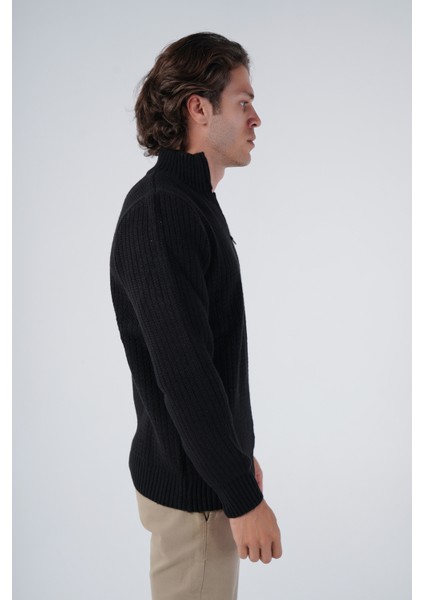 Erkek Siyah Zikzak Yürütmeli Dik Yaka Kısa Fermuarlı Triko Yün Kazak TRIST-5301 fiyatları
