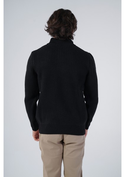 Erkek Siyah Zikzak Yürütmeli Dik Yaka Kısa Fermuarlı Triko Yün Kazak TRIST-5301 modelleri