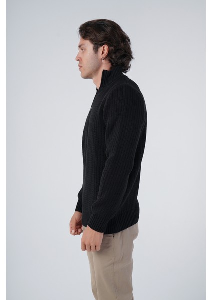 Erkek Siyah Zikzak Yürütmeli Dik Yaka Kısa Fermuarlı Triko Yün Kazak TRIST-5301 fırsatları