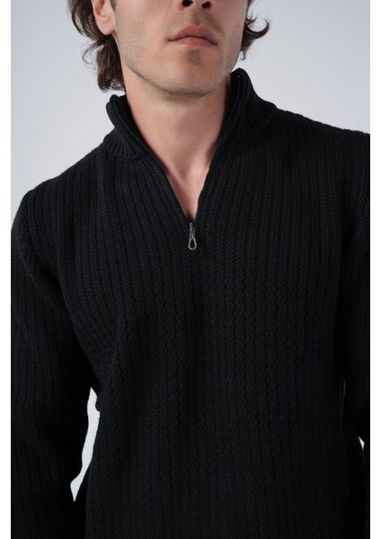 Erkek Siyah Zikzak Yürütmeli Dik Yaka Kısa Fermuarlı Triko Yün Kazak TRIST-5301 indirimleri