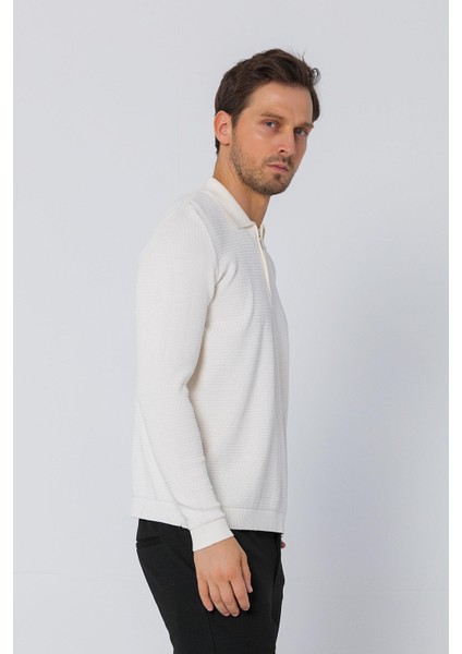 Erkek Regular Fit Düz Renk Polo Yaka Fermuarlı Uzun Kollu Triko Kazak fırsatları