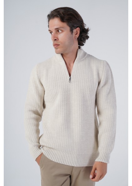 Erkek Bej Zikzak Yürütmeli Dik Yaka Kısa Fermuarlı Triko Yün Kazak TRIST-5301