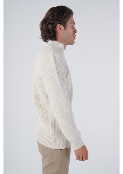 Erkek Bej Zikzak Yürütmeli Dik Yaka Kısa Fermuarlı Triko Yün Kazak TRIST-5301 fiyatları