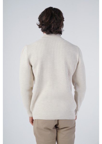 Erkek Bej Zikzak Yürütmeli Dik Yaka Kısa Fermuarlı Triko Yün Kazak TRIST-5301 modelleri