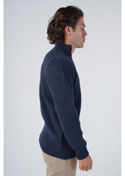 Erkek Lacivert Zikzak Yürütmeli Dik Yaka Kısa Fermuarlı Triko Yün Kazak TRIST-5301 fiyatları