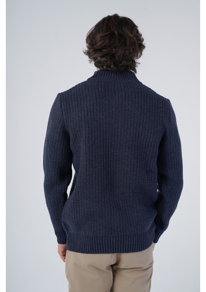 Erkek Lacivert Zikzak Yürütmeli Dik Yaka Kısa Fermuarlı Triko Yün Kazak TRIST-5301 modelleri