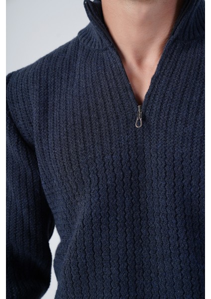 Erkek Lacivert Zikzak Yürütmeli Dik Yaka Kısa Fermuarlı Triko Yün Kazak TRIST-5301 indirimleri