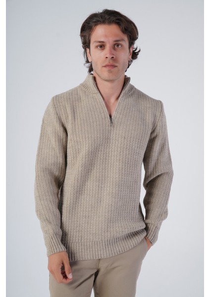 Erkek Vizon Zikzak Yürütmeli Dik Yaka Kısa Fermuarlı Triko Yün Kazak TRIST-5301