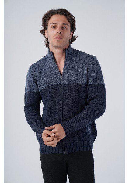 Erkek Lacivert Zikzak Yürütmeli Çift Renkli Dik Yaka Fermuarlı Cepli Triko Yün Hırka TRIST-5302