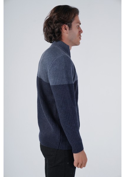 Erkek Lacivert Zikzak Yürütmeli Çift Renkli Dik Yaka Fermuarlı Cepli Triko Yün Hırka TRIST-5302 fiyatları
