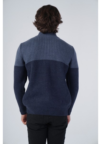 Erkek Lacivert Zikzak Yürütmeli Çift Renkli Dik Yaka Fermuarlı Cepli Triko Yün Hırka TRIST-5302 modelleri