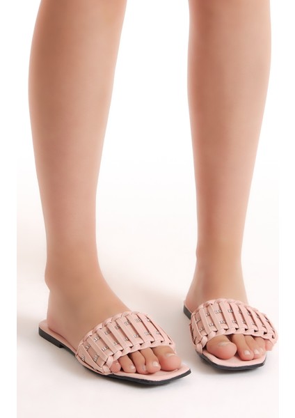 Kadın Pembe Önü Şeritli Desenli Tek Bantlı Terlik modelleri