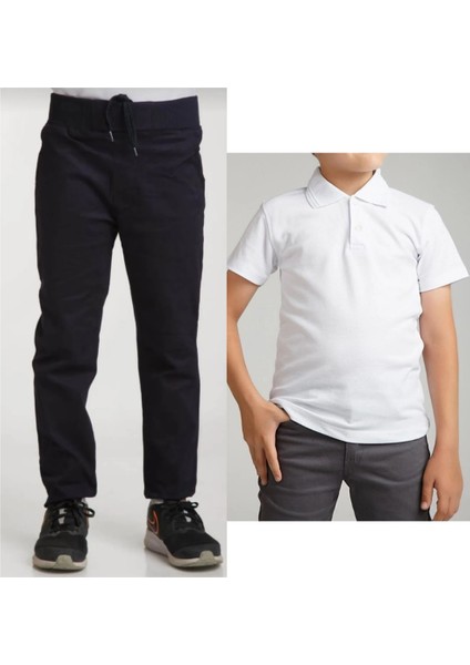Unisex Çocuk Ribana Bel Keten Siyah Okul Pantolonu + Polo Yaka Kısa Kol T-Shirt